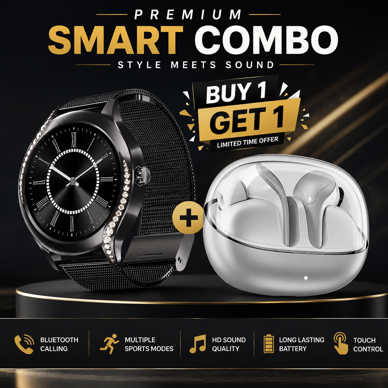 Noir Crown X™ Smart & Sound Combo – Smartwatch + CrystalPods™ Wireless Earbuds