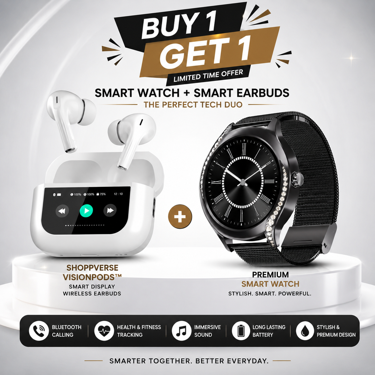 Noir Vision™ Smart & Sound Combo – Noir Crown X™ Smartwatch + VisionPods™ Smart Display Wireless Earbuds