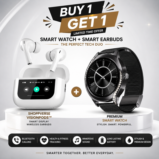 Noir Vision™ Smart & Sound Combo – Noir Crown X™ Smartwatch + VisionPods™ Smart Display Wireless Earbuds